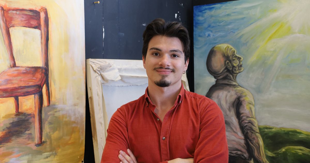 BA (Hons) Art & Design - Arts Practice (Top-up) student Burga Karaagac with his artwork